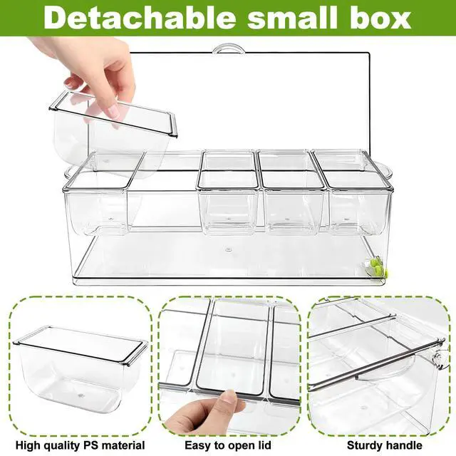 Alt view image 5 of 7 - Ice Chilled Condiment Server Caddy, Bar Fruit Caddy with Lid and 5 Removable Compartments, Plastic Storage Food Container Clear Ice Condiment Serving Tray for Party, Toppings Bar Container
