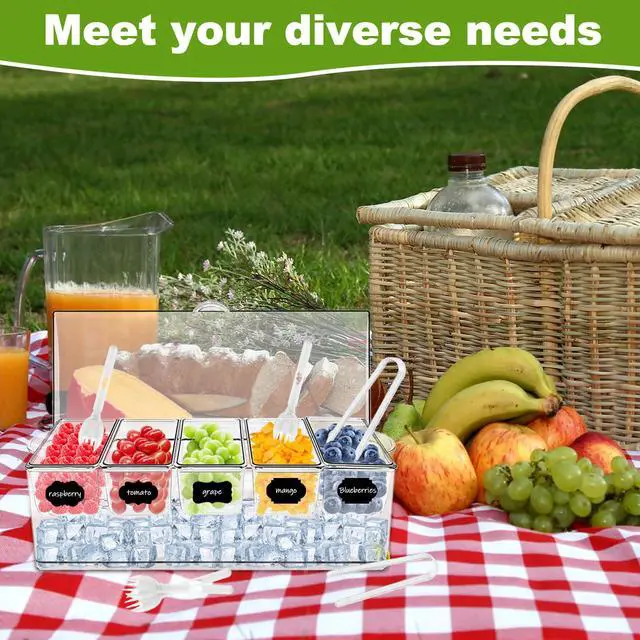 Alt view image 6 of 7 - Ice Chilled Condiment Server Caddy, Bar Fruit Caddy with Lid and 5 Removable Compartments, Plastic Storage Food Container Clear Ice Condiment Serving Tray for Party, Toppings Bar Container