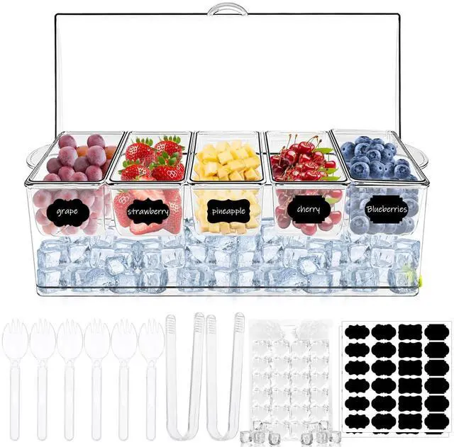 Main image of 36 pcs Ice Chilled Condiment Server Caddy Bar Fruit Caddy with Lid, 5 Removable Compartments Plastic Storage Food Container Clear Ice Condiment Serving Tray for Party, Toppings Bar Container