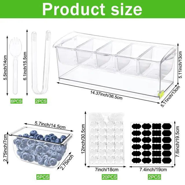 Alt view image 2 of 7 - 36 pcs Ice Chilled Condiment Server Caddy Bar Fruit Caddy with Lid, 5 Removable Compartments Plastic Storage Food Container Clear Ice Condiment Serving Tray for Party, Toppings Bar Container