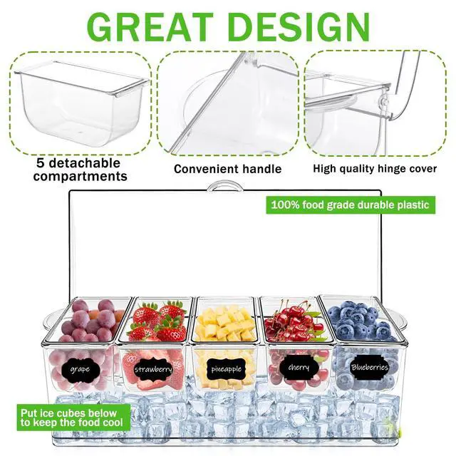 Alt view image 3 of 7 - 36 pcs Ice Chilled Condiment Server Caddy Bar Fruit Caddy with Lid, 5 Removable Compartments Plastic Storage Food Container Clear Ice Condiment Serving Tray for Party, Toppings Bar Container
