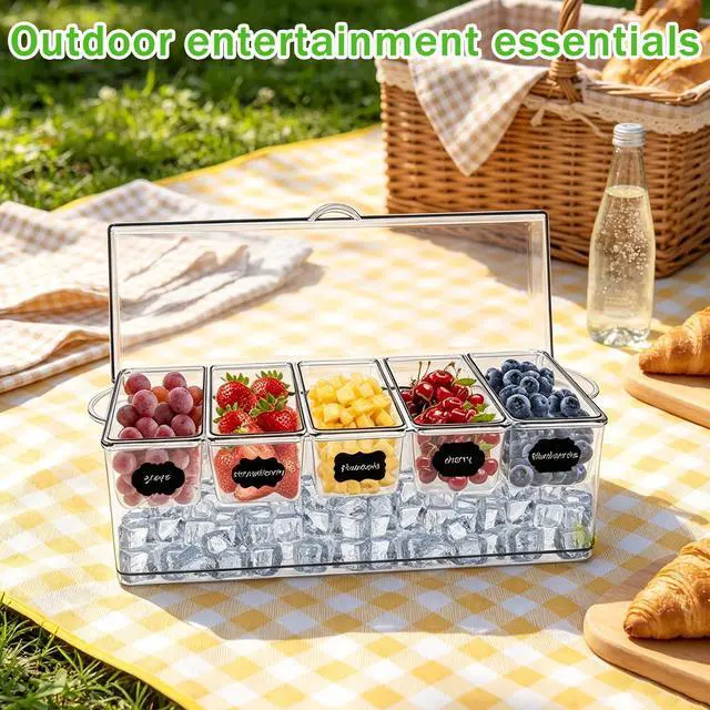 Alt view image 4 of 7 - 36 pcs Ice Chilled Condiment Server Caddy Bar Fruit Caddy with Lid, 5 Removable Compartments Plastic Storage Food Container Clear Ice Condiment Serving Tray for Party, Toppings Bar Container