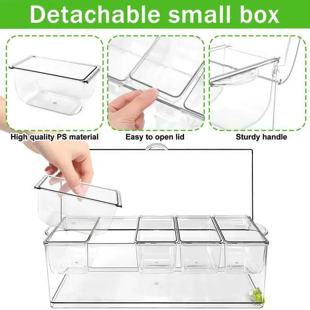 Alt view image 5 of 7 - 36 pcs Ice Chilled Condiment Server Caddy Bar Fruit Caddy with Lid, 5 Removable Compartments Plastic Storage Food Container Clear Ice Condiment Serving Tray for Party, Toppings Bar Container