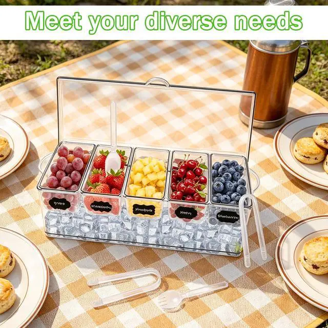 Alt view image 6 of 7 - 36 pcs Ice Chilled Condiment Server Caddy Bar Fruit Caddy with Lid, 5 Removable Compartments Plastic Storage Food Container Clear Ice Condiment Serving Tray for Party, Toppings Bar Container