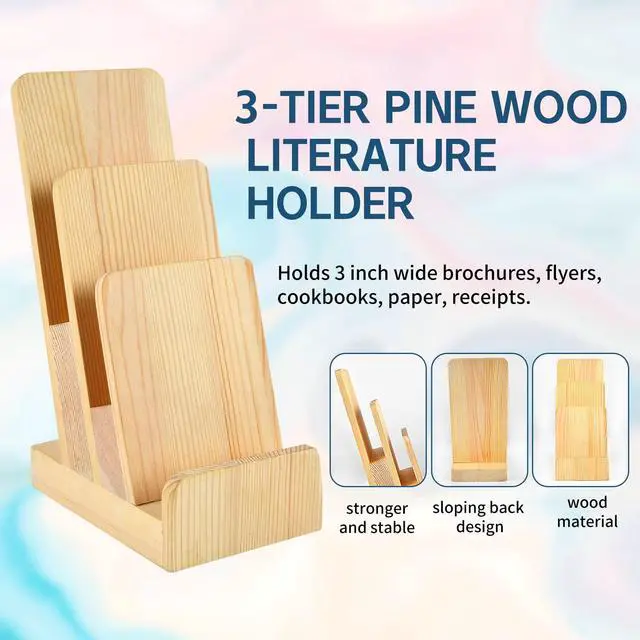 Alt view image 3 of 7 - 2 Pieces 3-Tier Pine Wood Literature Holder pamphlet display stand Trifold Brochure Organizer Flyer Holder Postcard Display and Countertop Wooden Display Stand Book Display for Magazine Pamphlet
