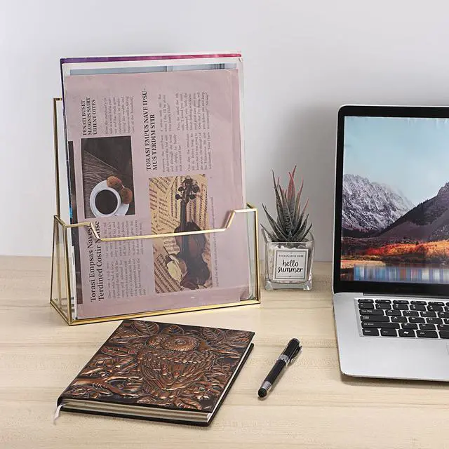 Alt view image 7 of 7 - Golden Glass Brochure Holder 8.5 x 11 Inches, Countertop Literature Holder Display Stand, Trifold Pamphlet Holder, Clear Elegant Brochure Display Stand for Magazine Booklets, Menu