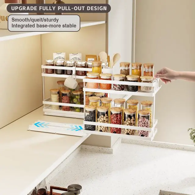Alt view image 2 of 7 - Pull Out Spice Rack Organizer for Cabinet, 1 Pack Metal Seasoning Organizer Slide Out Spice Storage Shelf No Assembly Vertical Spice Rack Pullout for Kitchen & Bahthroom No Drill(2 Tier,White)