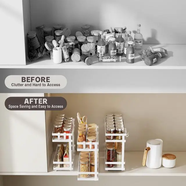 Alt view image 4 of 7 - Pull Out Spice Rack Organizer for Cabinet, 1 Pack Metal Seasoning Organizer Slide Out Spice Storage Shelf No Assembly Vertical Spice Rack Pullout for Kitchen & Bahthroom No Drill(2 Tier,White)