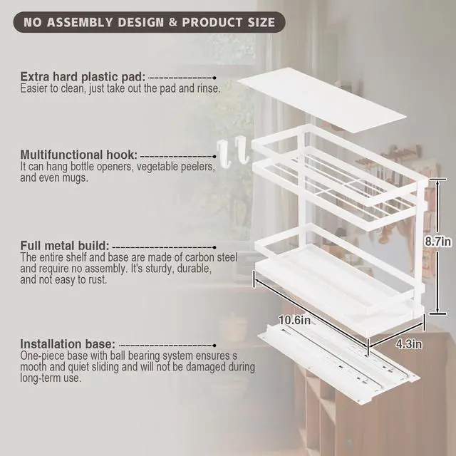 Alt view image 6 of 7 - Pull Out Spice Rack Organizer for Cabinet, 1 Pack Metal Seasoning Organizer Slide Out Spice Storage Shelf No Assembly Vertical Spice Rack Pullout for Kitchen & Bahthroom No Drill(2 Tier,White)