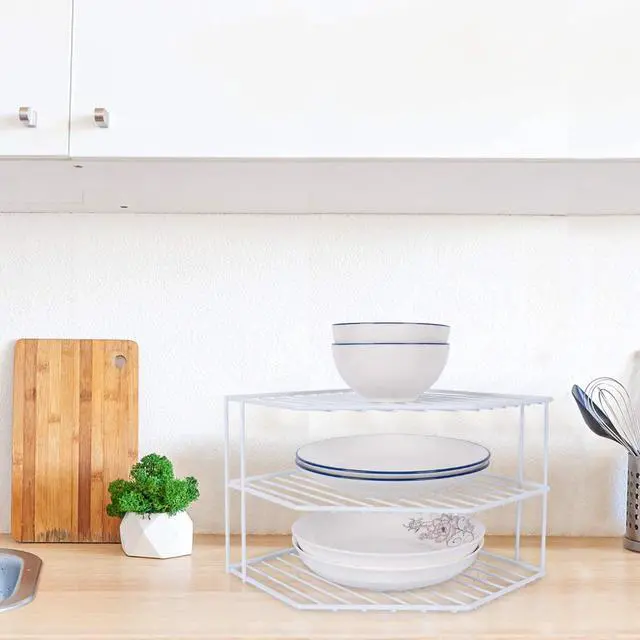 Alt view image 2 of 4 - 3-Tier Corner Shelf Counter and Cabinet Organizer -Countertop Organizer - Cabinet Corner Rack for Plate - Cabinet & Pantry Kitchen Organization (White)