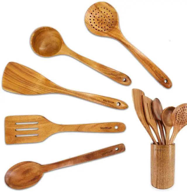 Main image of Acacia Wooden Utensils Set 6 Pcs - Non-Scratching Durable Natural Wood Cooking Spatulas & Spoons for Nonstick Cookware with Holder