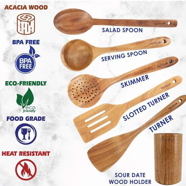 Alt view image 3 of 7 - Acacia Wooden Utensils Set 6 Pcs - Non-Scratching Durable Natural Wood Cooking Spatulas & Spoons for Nonstick Cookware with Holder