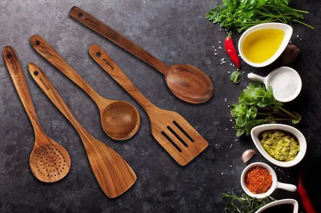 Alt view image 2 of 7 - Acacia Wooden Utensils Set 6 Pcs - Non-Scratching Durable Natural Wood Cooking Spatulas & Spoons for Nonstick Cookware with Holder