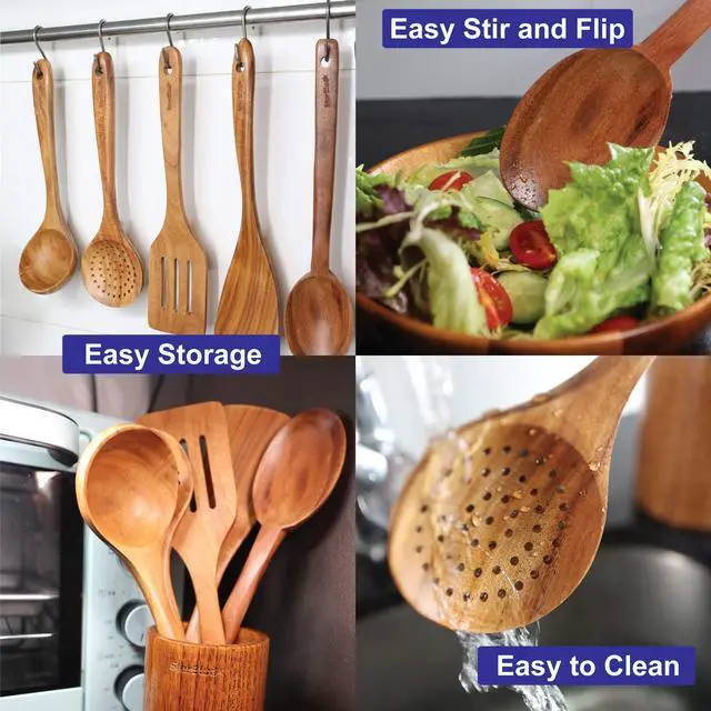 Alt view image 5 of 7 - Acacia Wooden Utensils Set 6 Pcs - Non-Scratching Durable Natural Wood Cooking Spatulas & Spoons for Nonstick Cookware with Holder