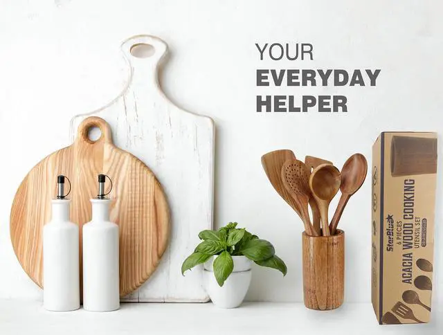 Alt view image 7 of 7 - Acacia Wooden Utensils Set 6 Pcs - Non-Scratching Durable Natural Wood Cooking Spatulas & Spoons for Nonstick Cookware with Holder
