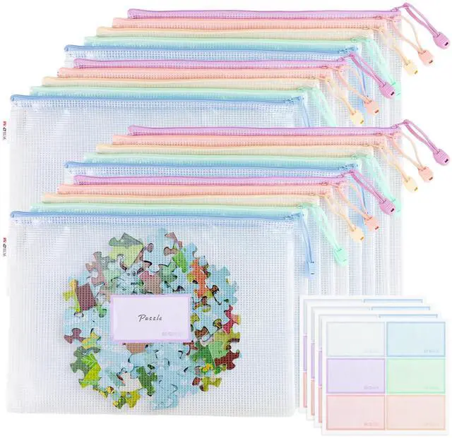 Main image of 20pcs Mesh Zipper Pouch Bags File Puzzle Storage Bags, A4 Zipper Bags for Organizing Storage, Waterproof Zipper Pouches with Label Pocket, Board Games and Office Supplies (Macaroon Colors)