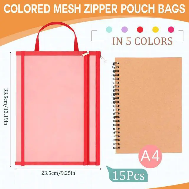 Alt view image 2 of 7 - 15 Pcs Mesh Zipper Pouch Bags Colored Double Layer Nylon A4 Zipper Mesh Bag with Handle Puzzle Building Block Set Toy Storage Organization for School Office Home Travel (Low Saturated Color)