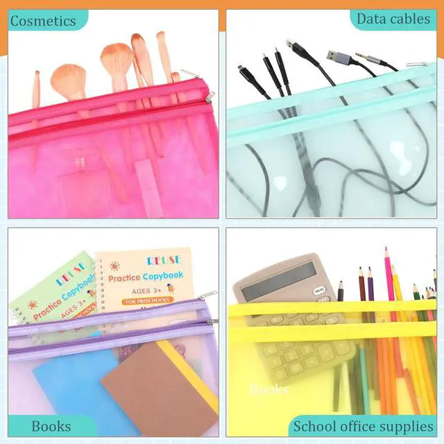 Alt view image 4 of 7 - 15 Pcs Mesh Zipper Pouch Bags Colored Double Layer Nylon A4 Zipper Mesh Bag with Handle Puzzle Building Block Set Toy Storage Organization for School Office Home Travel (Low Saturated Color)