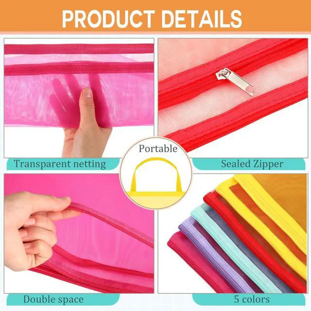 Alt view image 3 of 7 - 15 Pcs Mesh Zipper Pouch Bags Colored Double Layer Nylon A4 Zipper Mesh Bag with Handle Puzzle Building Block Set Toy Storage Organization for School Office Home Travel (Low Saturated Color)