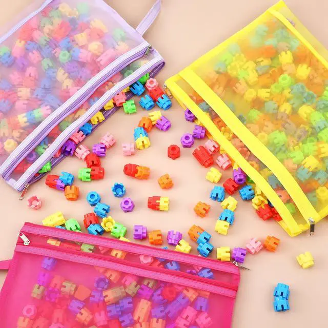 Alt view image 5 of 7 - 15 Pcs Mesh Zipper Pouch Bags Colored Double Layer Nylon A4 Zipper Mesh Bag with Handle Puzzle Building Block Set Toy Storage Organization for School Office Home Travel (Low Saturated Color)