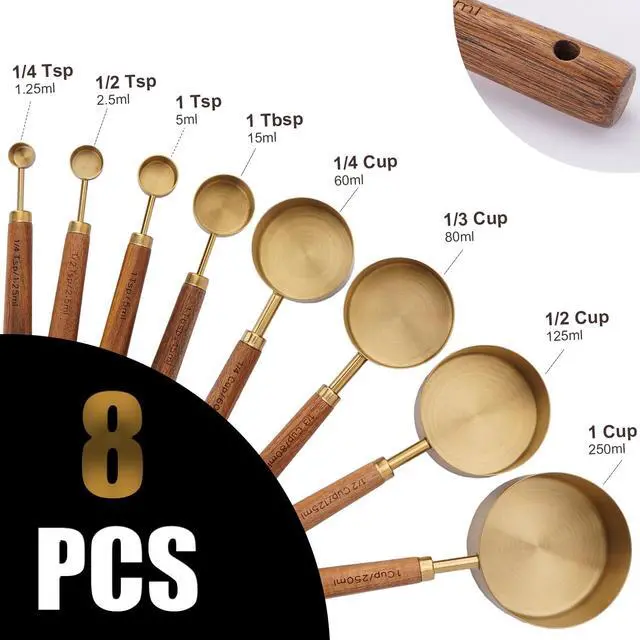 Alt view image 2 of 7 - Gold Measuring Cups and Spoons Set with Wood Handles, Premium Stainless Steel Measuring Spoons and Measuring Cups Set-Gold