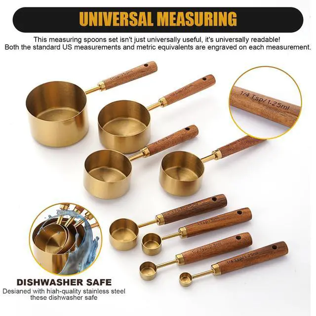 Alt view image 4 of 7 - Gold Measuring Cups and Spoons Set with Wood Handles, Premium Stainless Steel Measuring Spoons and Measuring Cups Set-Gold