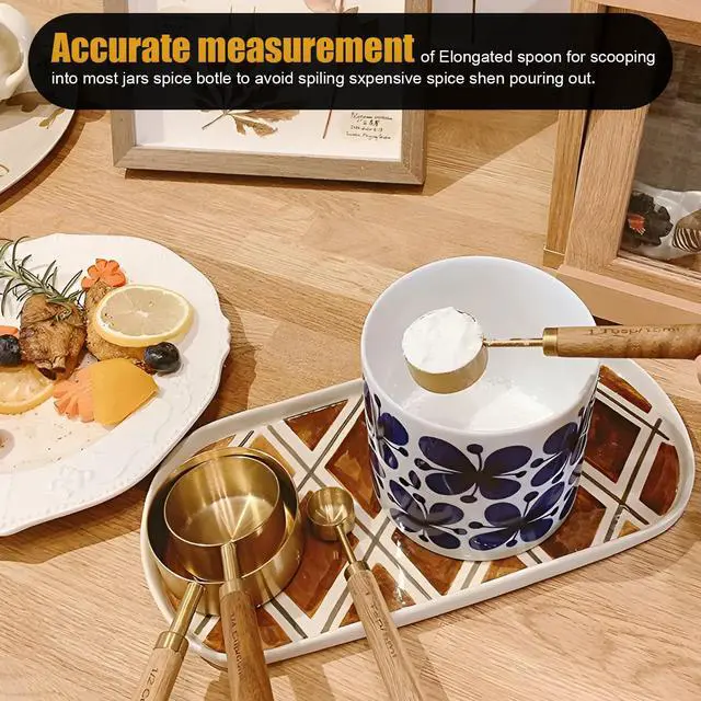Alt view image 5 of 7 - Gold Measuring Cups and Spoons Set with Wood Handles, Premium Stainless Steel Measuring Spoons and Measuring Cups Set-Gold