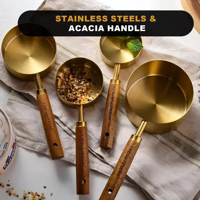 Alt view image 7 of 7 - Gold Measuring Cups and Spoons Set with Wood Handles, Premium Stainless Steel Measuring Spoons and Measuring Cups Set-Gold