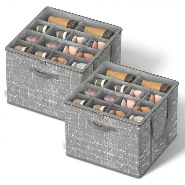 Main image of Shoe Organizer for Closet, Set of 2, Shoe Storage Box with Clear Lid, Foldable Fabric Bins, Holds 32 Pairs Total, Reinforced Handles, 16.5 x 16.5 x 12.5 Inches, Cattail Gray ULSP602G01
