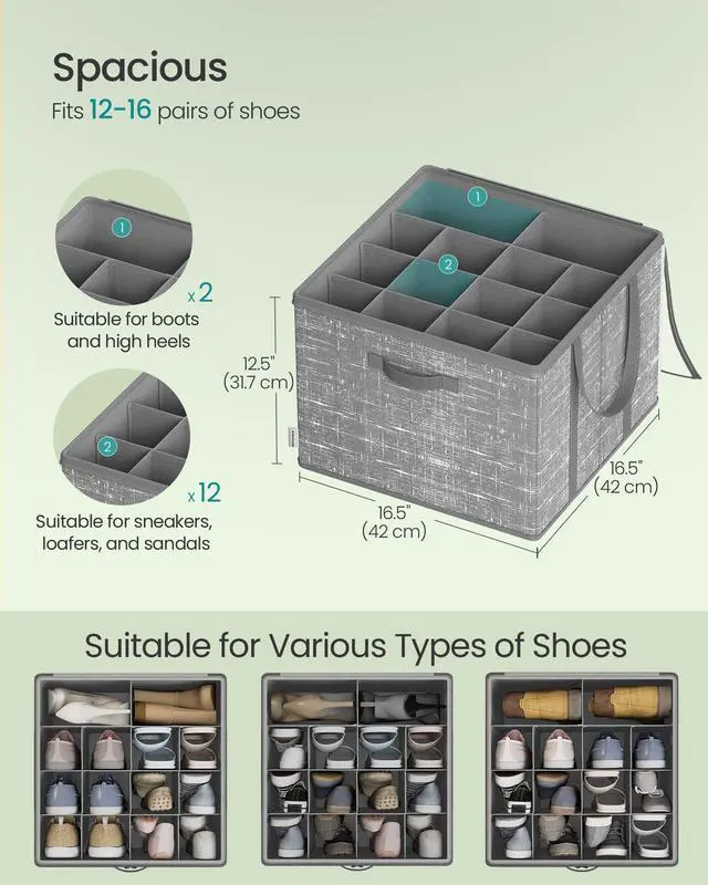 Alt view image 3 of 6 - Shoe Organizer for Closet, Set of 2, Shoe Storage Box with Clear Lid, Foldable Fabric Bins, Holds 32 Pairs Total, Reinforced Handles, 16.5 x 16.5 x 12.5 Inches, Cattail Gray ULSP602G01