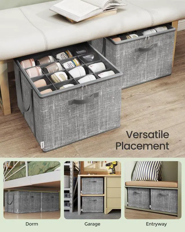 Alt view image 5 of 6 - Shoe Organizer for Closet, Set of 2, Shoe Storage Box with Clear Lid, Foldable Fabric Bins, Holds 32 Pairs Total, Reinforced Handles, 16.5 x 16.5 x 12.5 Inches, Cattail Gray ULSP602G01