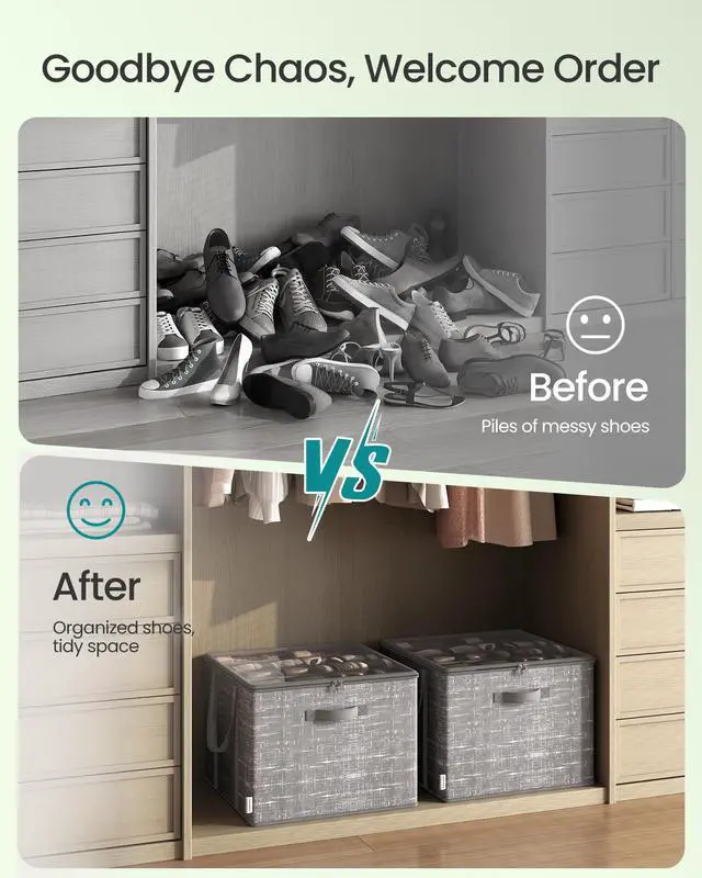 Alt view image 4 of 6 - Shoe Organizer for Closet, Set of 2, Shoe Storage Box with Clear Lid, Foldable Fabric Bins, Holds 32 Pairs Total, Reinforced Handles, 16.5 x 16.5 x 12.5 Inches, Cattail Gray ULSP602G01