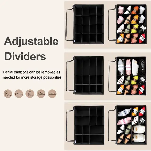 Alt view image 2 of 7 - Shoe Organizer for Closet, Foldable Shoe Box with Adjustable Dividers and Clear Cover, Space Saving Shoe Storage Organizer Cabinet with Reinforced Handles, Fits 16 Pairs, Black, TP09B