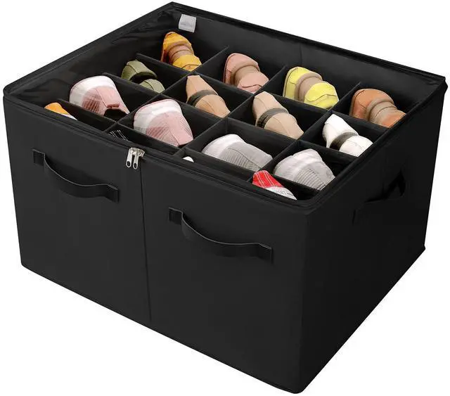 Main image of Shoe Organizer for Closet, Foldable Shoe Box with Adjustable Dividers and Clear Cover, Space Saving Shoe Storage Organizer Cabinet with Reinforced Handles, Fits 16 Pairs, Black, TP09B