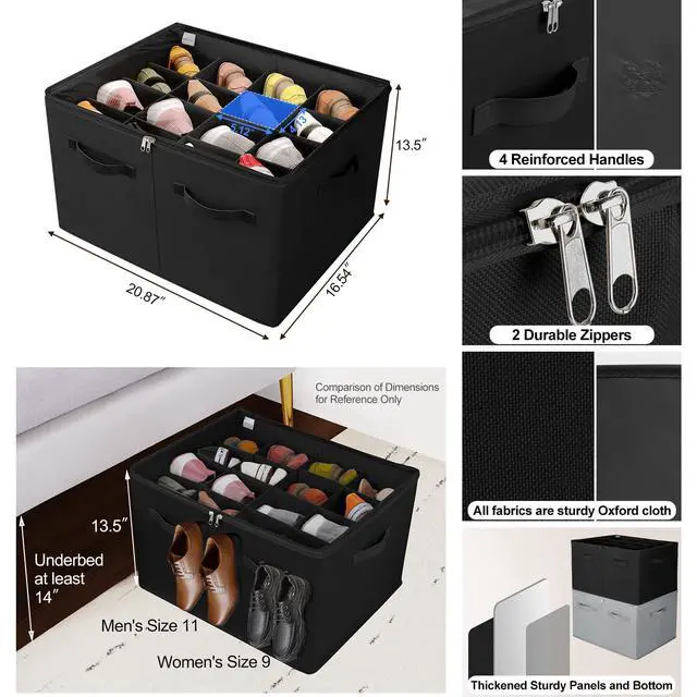Alt view image 3 of 7 - Shoe Organizer for Closet, Foldable Shoe Box with Adjustable Dividers and Clear Cover, Space Saving Shoe Storage Organizer Cabinet with Reinforced Handles, Fits 16 Pairs, Black, TP09B