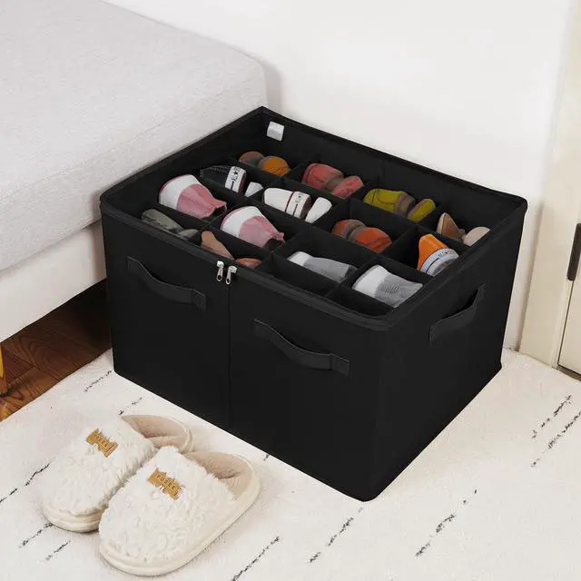 Alt view image 5 of 7 - Shoe Organizer for Closet, Foldable Shoe Box with Adjustable Dividers and Clear Cover, Space Saving Shoe Storage Organizer Cabinet with Reinforced Handles, Fits 16 Pairs, Black, TP09B