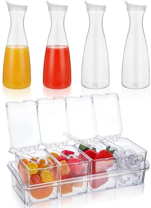 Main image of 4 Pcs 54oz Plastic Carafe with Lid & 1 Seasoning Box with Lid Spoon, Round Base Juice Containers, Removable Compartments for Fruit Garnish Tray Mimosa Bar Supplies