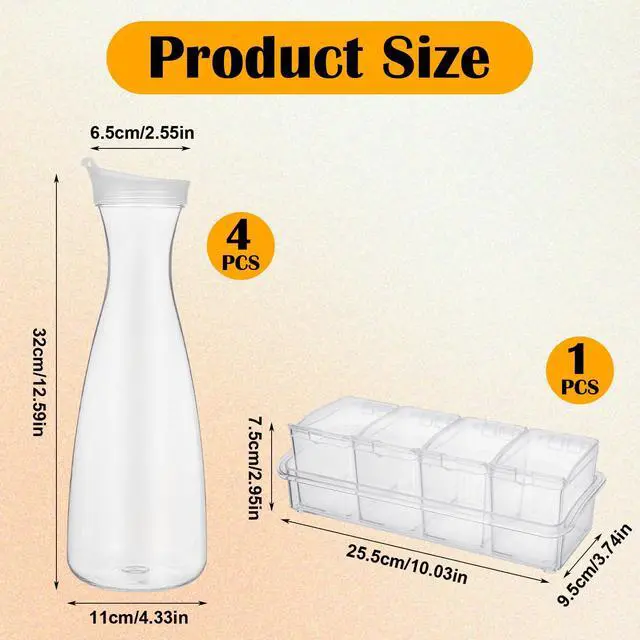 Alt view image 2 of 7 - 4 Pcs 54oz Plastic Carafe with Lid & 1 Seasoning Box with Lid Spoon, Round Base Juice Containers, Removable Compartments for Fruit Garnish Tray Mimosa Bar Supplies