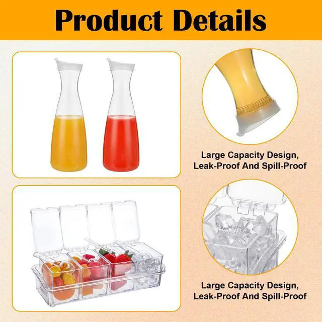 Alt view image 3 of 7 - 4 Pcs 54oz Plastic Carafe with Lid & 1 Seasoning Box with Lid Spoon, Round Base Juice Containers, Removable Compartments for Fruit Garnish Tray Mimosa Bar Supplies