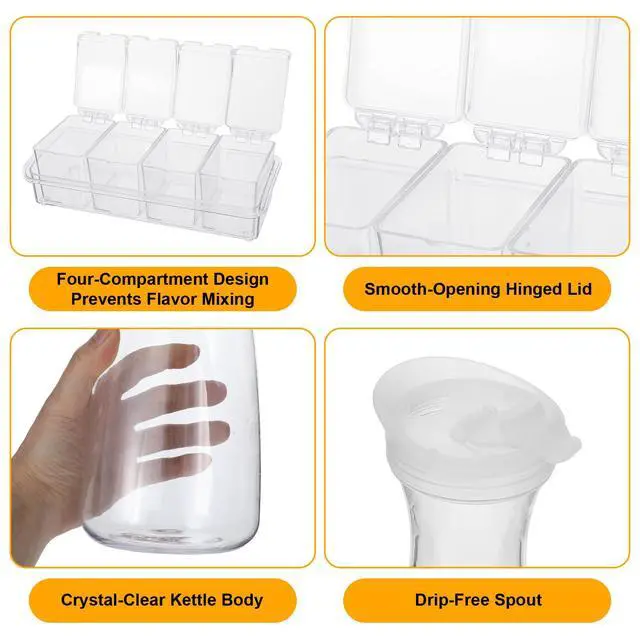 Alt view image 4 of 7 - 4 Pcs 54oz Plastic Carafe with Lid & 1 Seasoning Box with Lid Spoon, Round Base Juice Containers, Removable Compartments for Fruit Garnish Tray Mimosa Bar Supplies