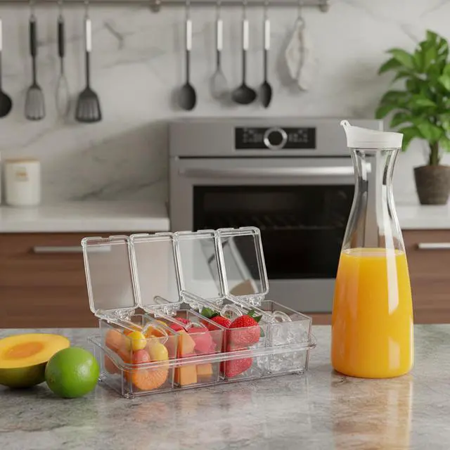 Alt view image 5 of 7 - 4 Pcs 54oz Plastic Carafe with Lid & 1 Seasoning Box with Lid Spoon, Round Base Juice Containers, Removable Compartments for Fruit Garnish Tray Mimosa Bar Supplies