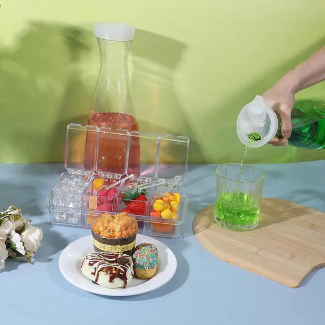 Alt view image 6 of 7 - 4 Pcs 54oz Plastic Carafe with Lid & 1 Seasoning Box with Lid Spoon, Round Base Juice Containers, Removable Compartments for Fruit Garnish Tray Mimosa Bar Supplies
