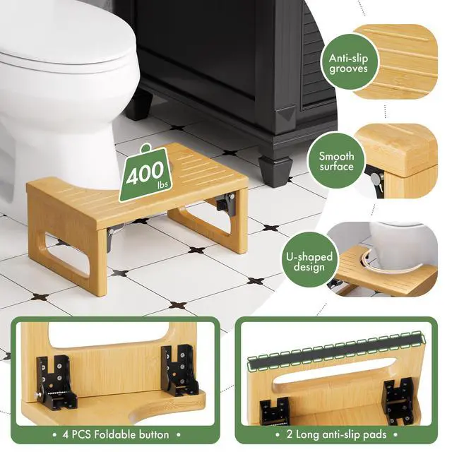 Alt view image 6 of 7 - Squatting Potty Stool, Foldable Toilet Stool for Adult, Bamboo Poop Stool, Foot Step Stool Squat, Pooping Stools with Anti-Slip Strip for Bathroom, Natural Color, 7''
