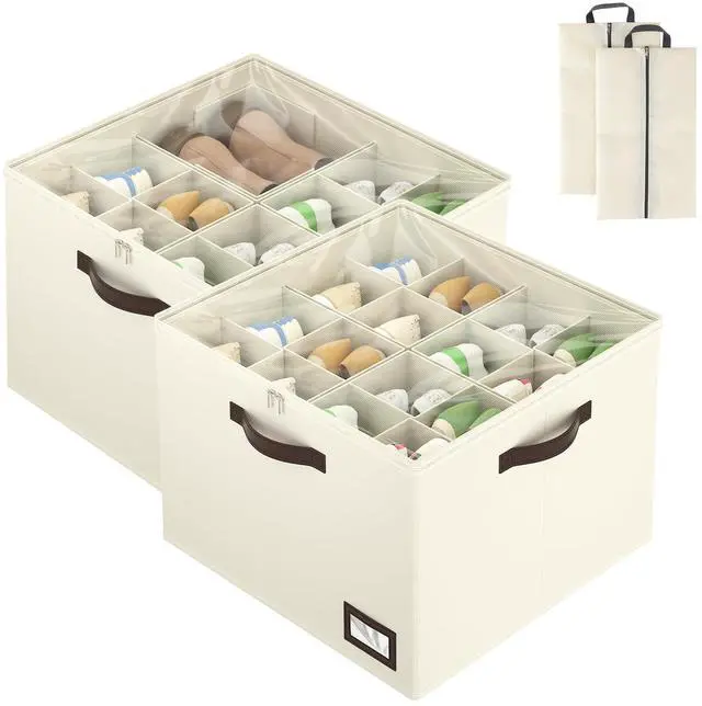 Main image of 2 Pack Shoe Organizer for Closet, Large Foldable Shoe Storage Bins with Dividers and Reinforced Handles, Each Clear Cover Sneaker Box Fits Up to 16 Pairs for Entryway and Bedroom, Beige