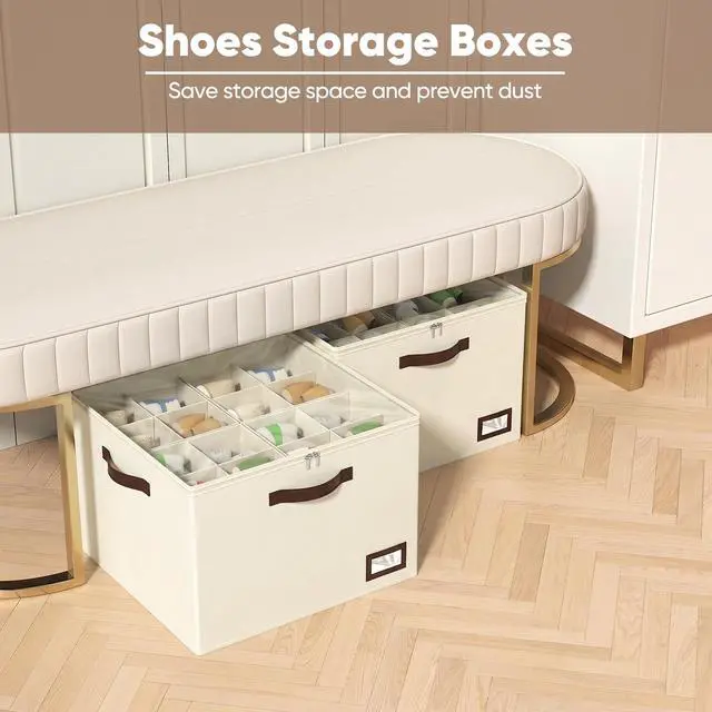Alt view image 2 of 7 - 2 Pack Shoe Organizer for Closet, Large Foldable Shoe Storage Bins with Dividers and Reinforced Handles, Each Clear Cover Sneaker Box Fits Up to 16 Pairs for Entryway and Bedroom, Beige