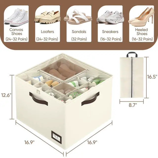 Alt view image 3 of 7 - 2 Pack Shoe Organizer for Closet, Large Foldable Shoe Storage Bins with Dividers and Reinforced Handles, Each Clear Cover Sneaker Box Fits Up to 16 Pairs for Entryway and Bedroom, Beige