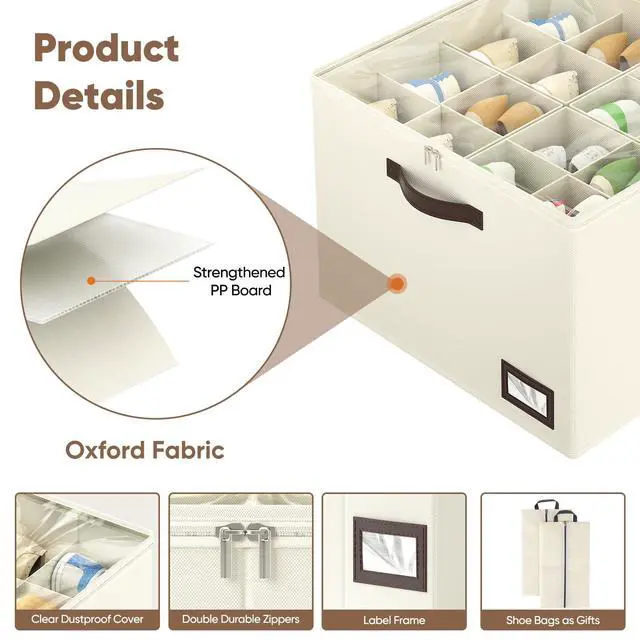 Alt view image 5 of 7 - 2 Pack Shoe Organizer for Closet, Large Foldable Shoe Storage Bins with Dividers and Reinforced Handles, Each Clear Cover Sneaker Box Fits Up to 16 Pairs for Entryway and Bedroom, Beige