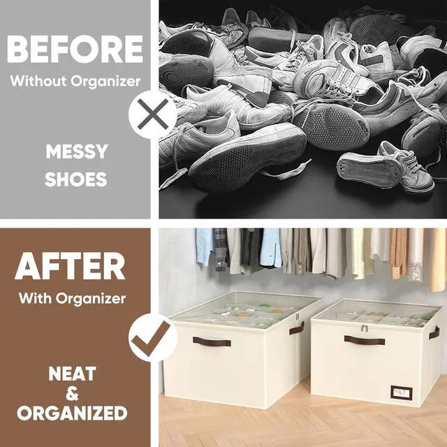 Alt view image 7 of 7 - 2 Pack Shoe Organizer for Closet, Large Foldable Shoe Storage Bins with Dividers and Reinforced Handles, Each Clear Cover Sneaker Box Fits Up to 16 Pairs for Entryway and Bedroom, Beige