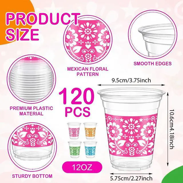 Alt view image 2 of 7 - 120 Pcs Fiesta Plastic Cups 12 oz Mexican Disposable Party Cups Cinco De Mayo Margarita Drinkware for Mexican Theme Birthday Taco Bar Birthday Wedding Party Supplies Decorations