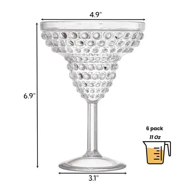 Alt view image 2 of 7 - 6 Pack Plastic Margarita Glasses, 11oz Stemmed Cocktail Glasses, Reusable Shatterproof Margarita Glasses, Unique Bar Glasses for Martini, Frozen Daiquiri, Tropical Summer Parties